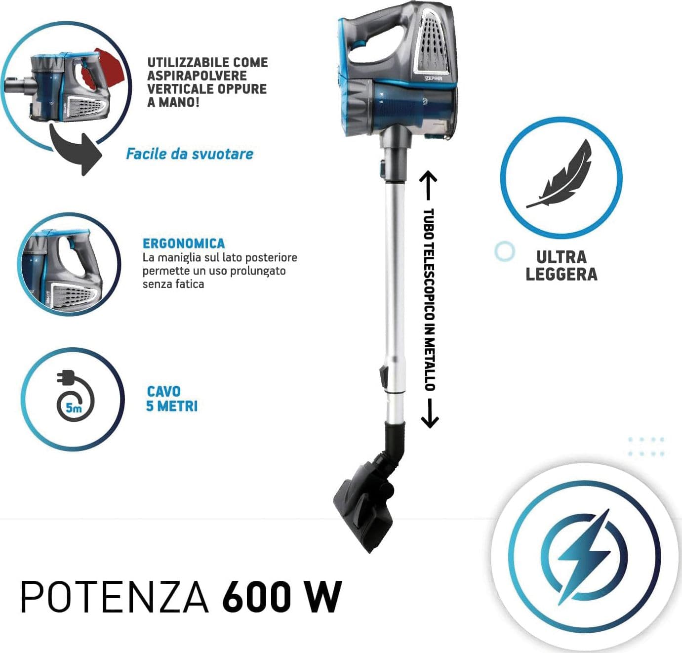 Zephir Scopa Aspirapolvere Ciclonica 2 In1 ''Zhv185'' 600 W in Scope elettriche BricoGo - Marano di Napoli, commercioVirtuoso.it