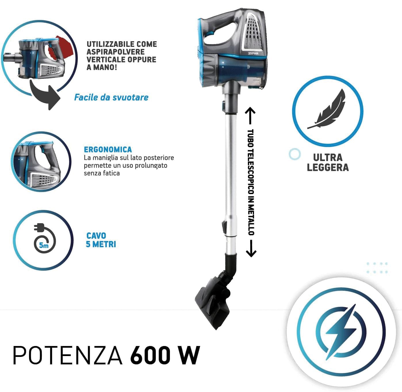 Zephir Scopa Aspirapolvere Ciclonica 2 In1 ''Zhv185'' 600 W in Scope elettriche BricoGo - Marano di Napoli, commercioVirtuoso.it