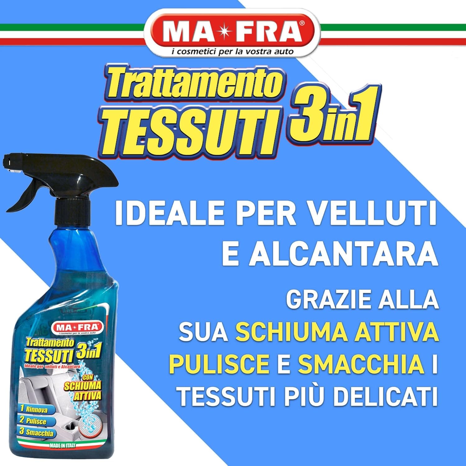 Trattamento Tessuti 3 In 1 Detergente Smacchiante E Ravvivante Per Sedili E Tappezzeria Auto In Tessuto O Alcantara 500 Ml Ma-Fra in Smacchiatori e additivi BricoGo - Marano di Napoli, commercioVirtuoso.it