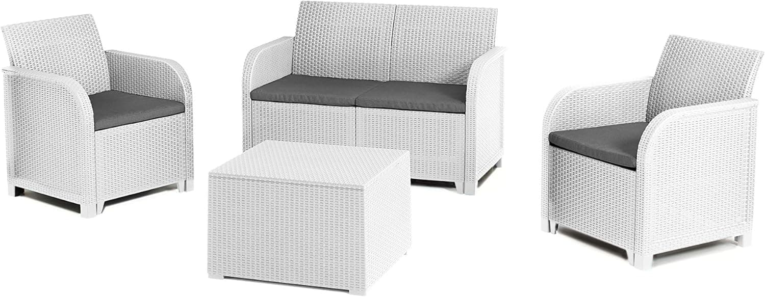 Salottino Da Esterno Rosalie In Resina Effetto Rattan Colore Bianco Con Divano, 2 Poltrone E Tavolino Completo Di Cuscini Keter Allibert in Divanetti BricoGo - Marano di Napoli, commercioVirtuoso.it