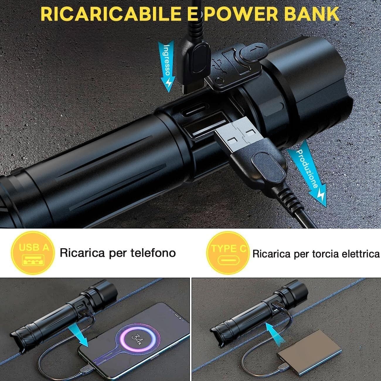 Gisaae Torcia Led Potente Professionale,10000 Lumens Usb Torcia Led Ricaricabile in Torce elettriche portatili (standard) CL Store - Battipaglia, commercioVirtuoso.it