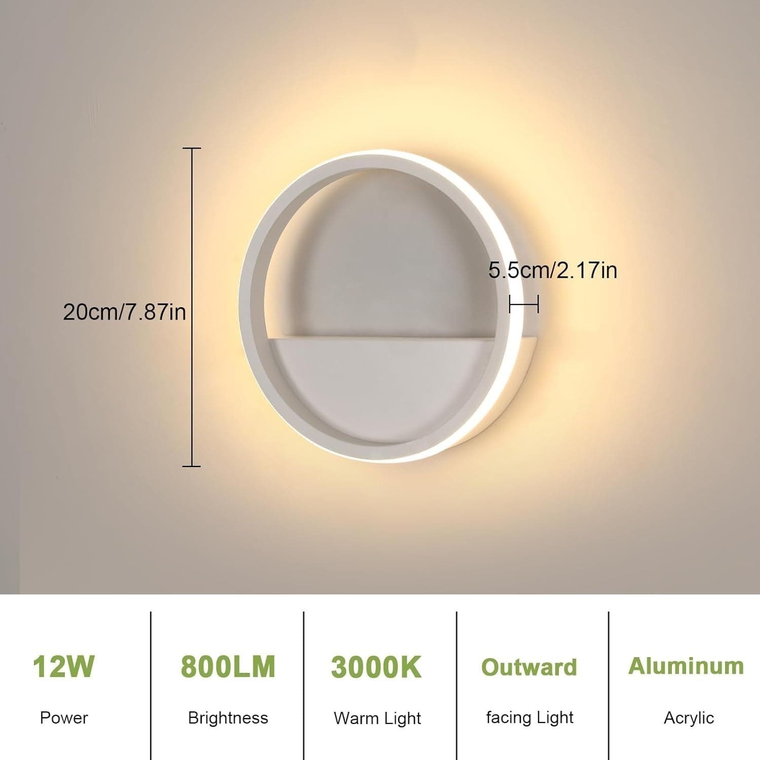 Applique rotonda a LED Comely 12W 800LM, bianco caldo 3000K, applique da parete in Applique CL Store - Battipaglia, commercioVirtuoso.it