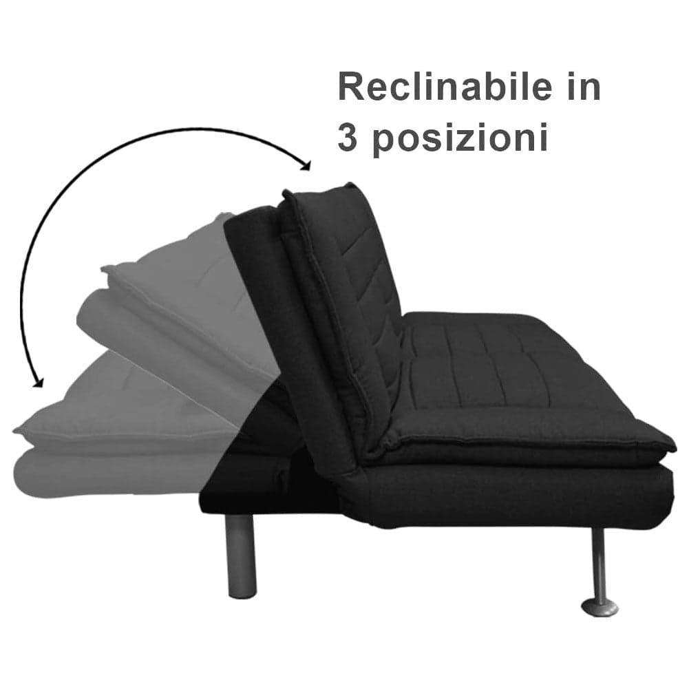 Divano 3posti Letto Reclinabile Clic Clac Tessuto Imbottito 2 Cuscini 183cm Nero in Divani Danyx - Casoria, commercioVirtuoso.it