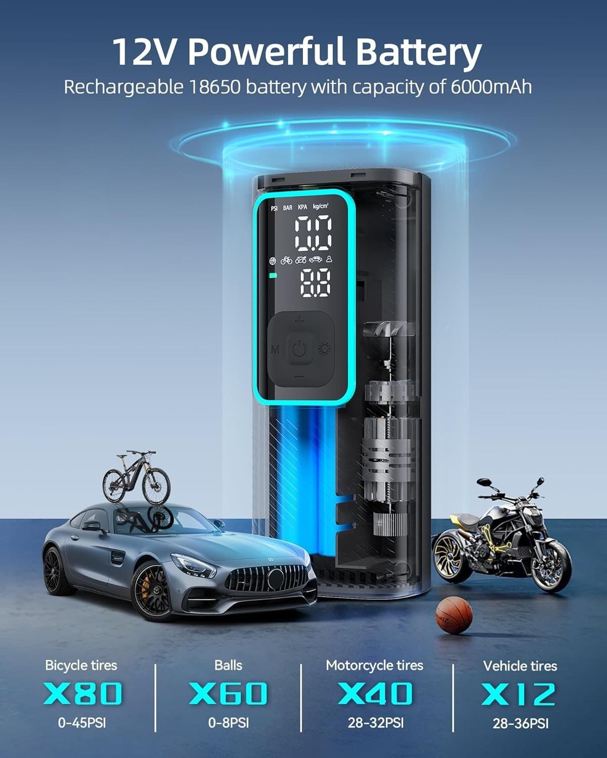 Compressore d'aria portatile per gonfiaggio pneumatici Batteria 6000mAh e 12V DC in Compressori portatili CL Store - Battipaglia, commercioVirtuoso.it