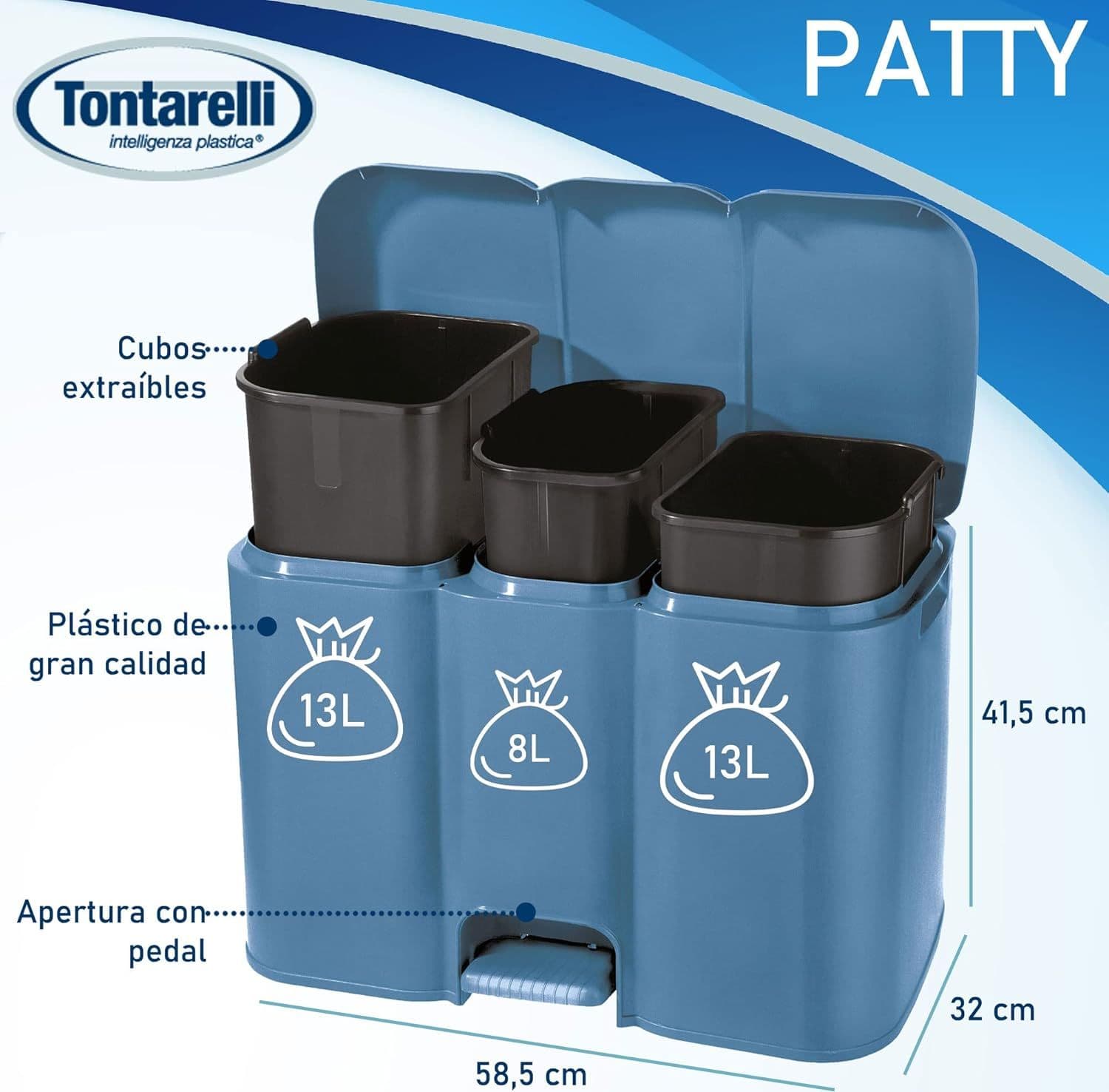 Pattumiera Differenziata Patty 3 Lt.13+8+13 Cm.58,5X32X41,5H. Lt.13+8+13 Azzurra Tontarelli in Pattumiere da cucina BricoGo - Marano di Napoli, commercioVirtuoso.it