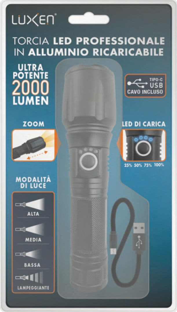 Luxen Torcia Professionale Ricaricabile In Alluminio 20 W, 2000 Lumen, 4 Modalitãe Di Luce + Zoom in Torce elettriche portatili (standard) BricoGo - Marano di Napoli, commercioVirtuoso.it