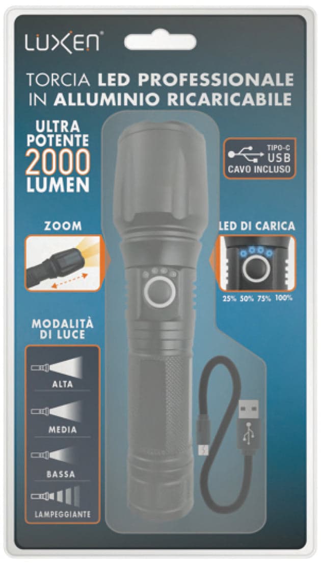 Luxen Torcia Professionale Ricaricabile In Alluminio 20 W, 2000 Lumen, 4 Modalitãe Di Luce + Zoom in Torce elettriche portatili (standard) BricoGo - Marano di Napoli, commercioVirtuoso.it