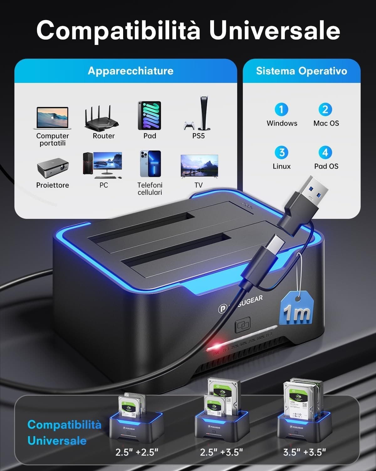 Hard Disk Docking Station USB 3.2 Gen 1 per HDD/SSD SATA da 2,5 e 3,5 P POSUGEAR in Case e serrature CL Store - Battipaglia, commercioVirtuoso.it