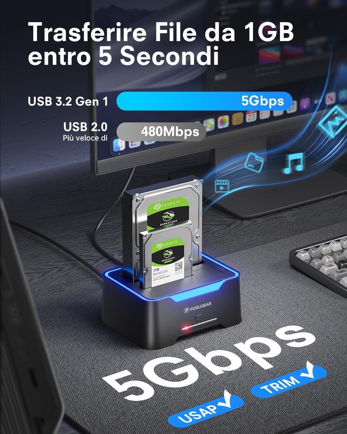 Hard Disk Docking Station USB 3.2 Gen 1 per HDD/SSD SATA da 2,5 e 3,5 P POSUGEAR in Case e serrature CL Store - Battipaglia, commercioVirtuoso.it