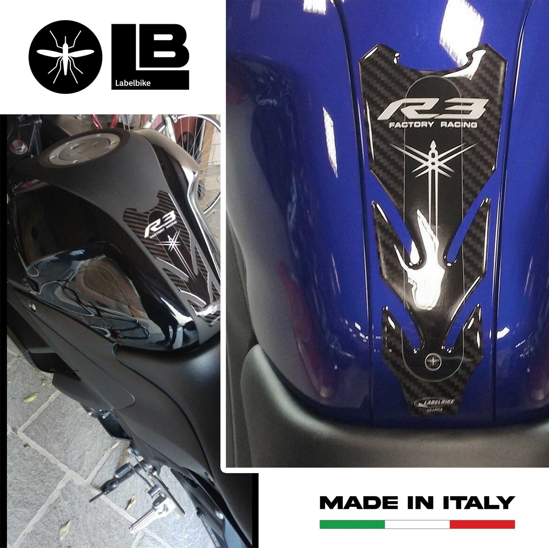 PARASERBATOIO ADESIVI 3D PROTEZIONE SERBATOIO compatibile per MOTO YAMAHA R3 yzf in Paraserbatoio LabelBike - Bibbiano, commercioVirtuoso.it