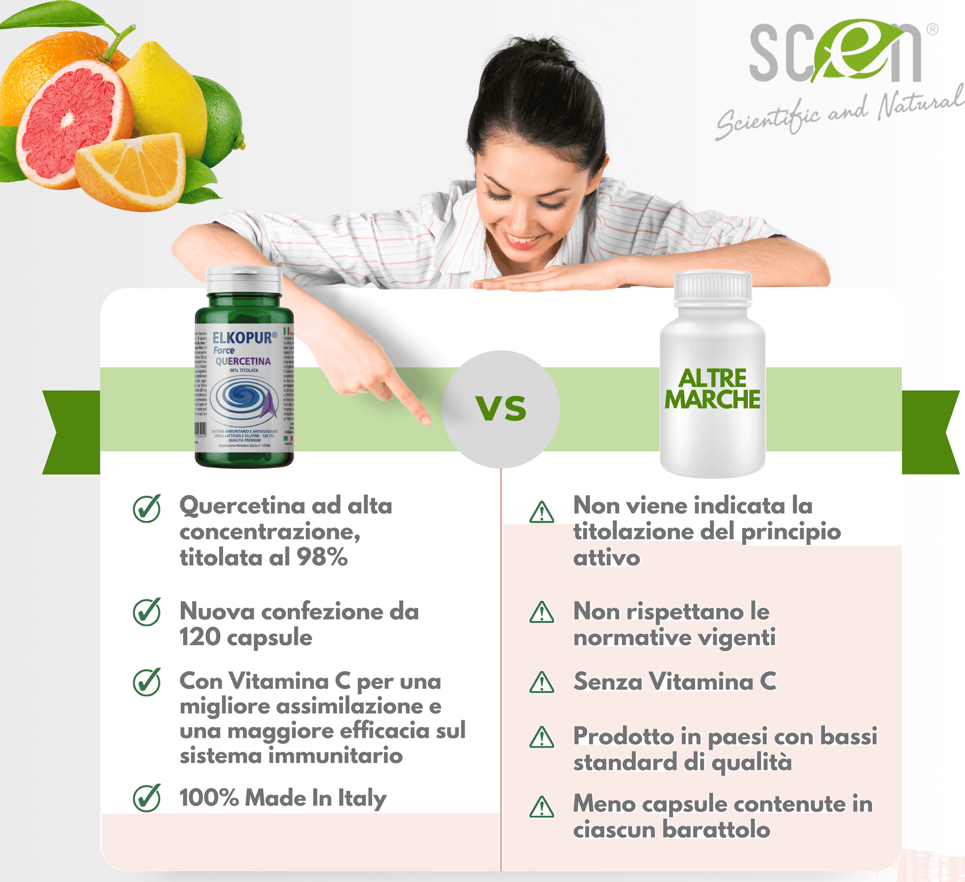 Elkopur Force Quercetina pura, 120 capsule da 500 mg. con 200 mg. di Quercetina titolata 98% in Quercetina, Vegetarian e Vegan ok, Rinforza il sistema immunitario, Antiossidante, prodotto in Italia in Quercetina Scen Scientific and Natural - Poggibonsi, commercioVirtuoso.it