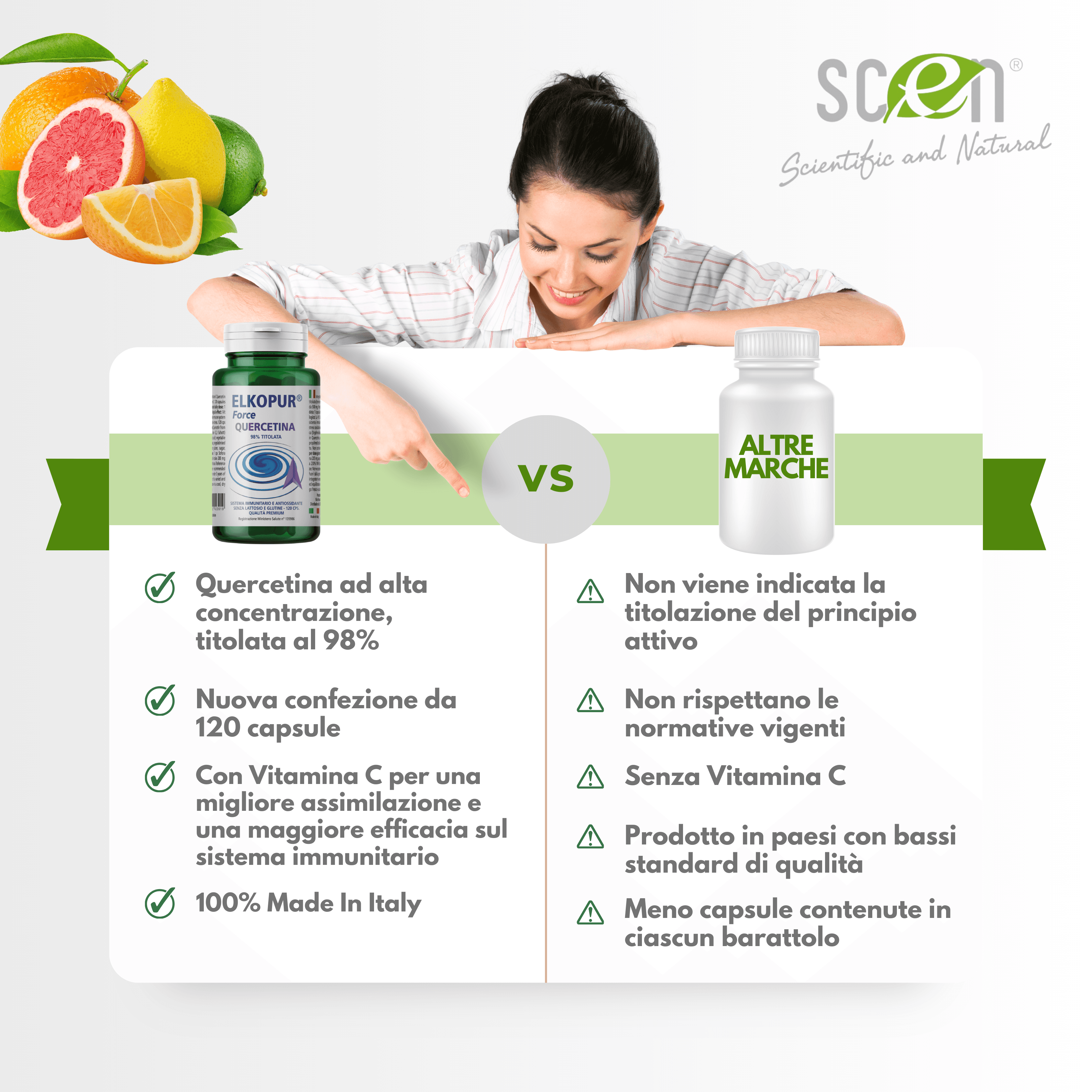 Elkopur Force Quercetina pura, 120 capsule da 500 mg. con 200 mg. di Quercetina titolata 98% in Quercetina, Vegetarian e Vegan ok, Rinforza il sistema immunitario, Antiossidante, prodotto in Italia in Quercetina Scen Scientific and Natural - Poggibonsi, commercioVirtuoso.it