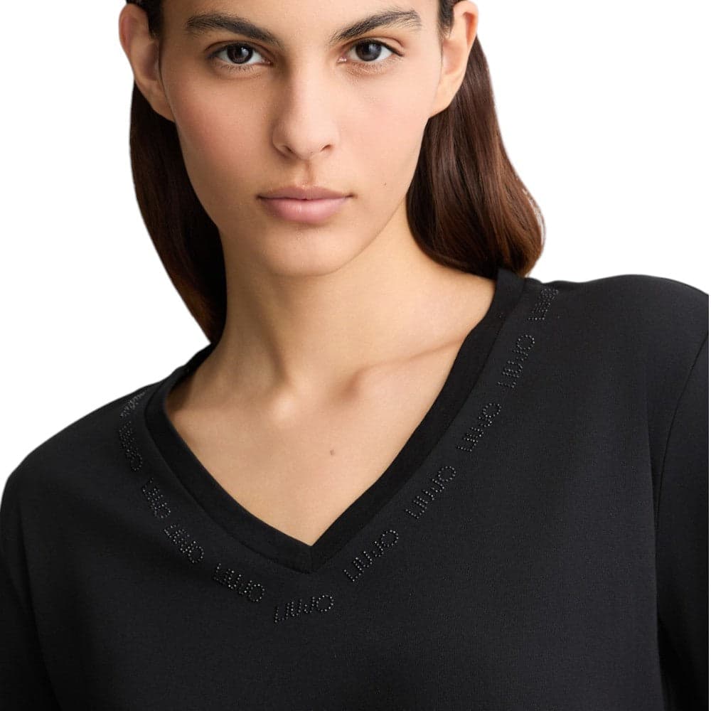 Liu Jo t-shirt nera scollo a V con strass TA5175JS923 M9296 T-shirt Liu Jo