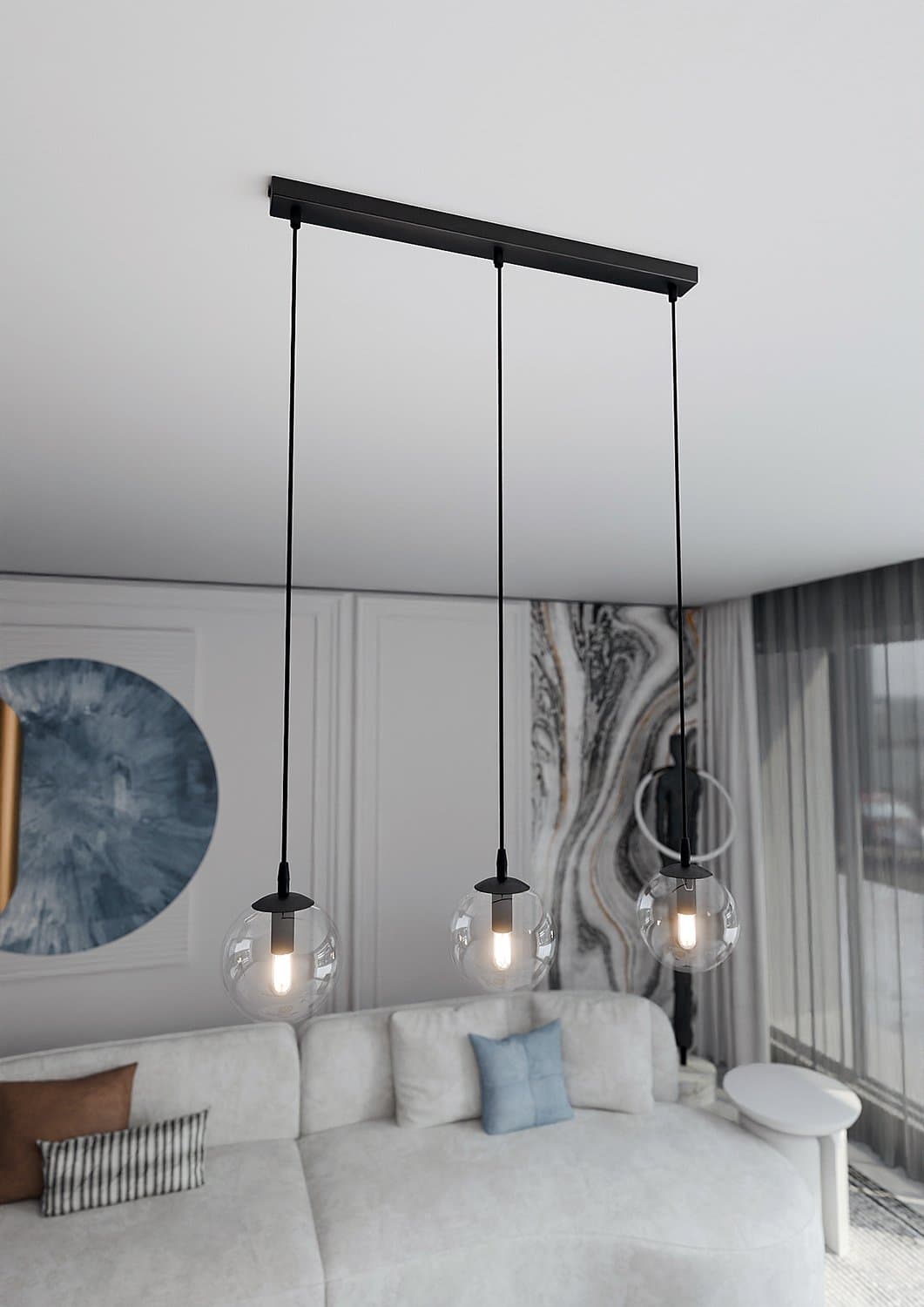 Sospensione Moderna 3 Luci Cosmo In Acciaio Nero E Sfere In Vetro Trasparente in Lampade a sospensione LuceArt - Montecorvino Pugliano, commercioVirtuoso.it