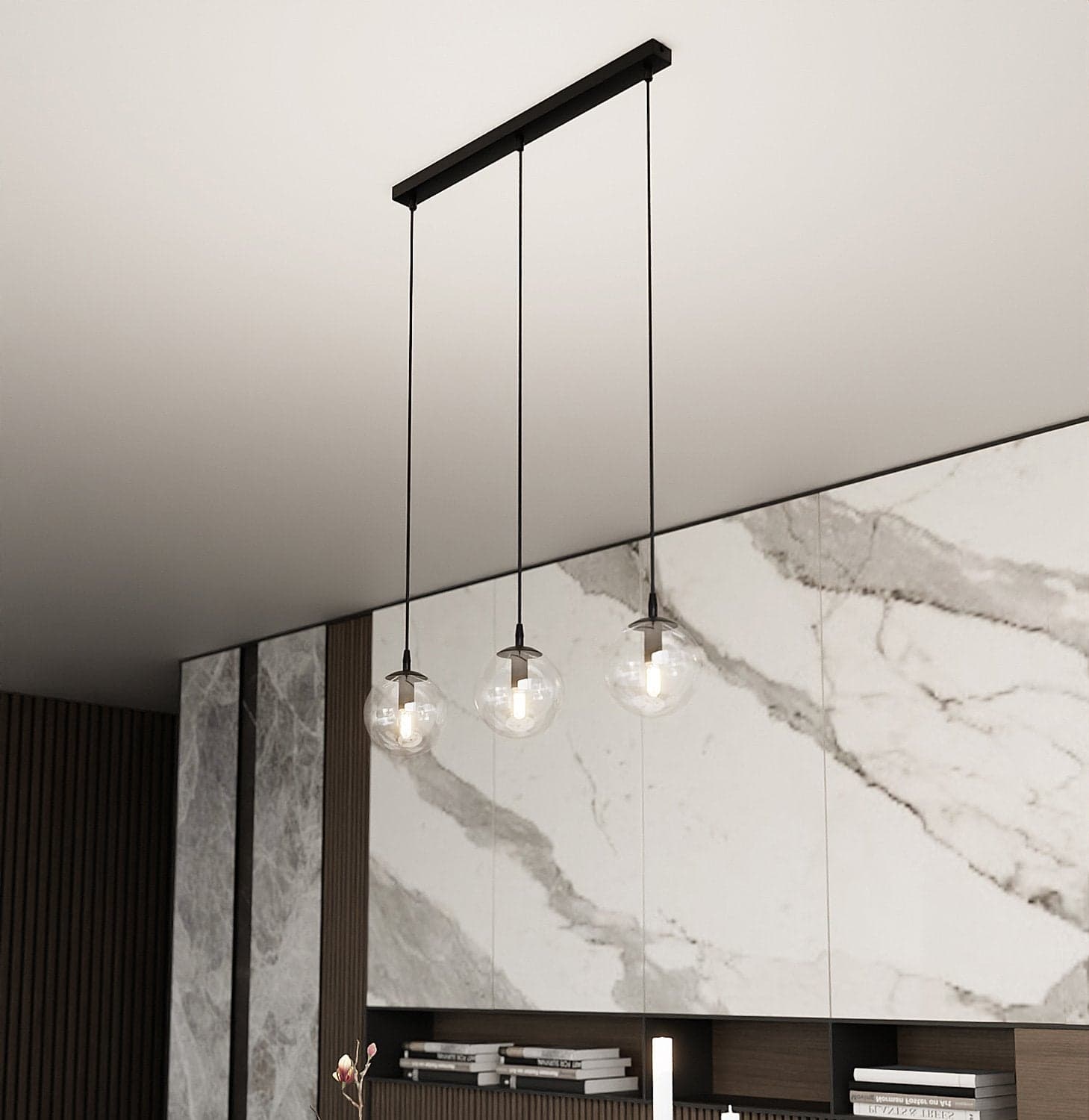 Sospensione Moderna 3 Luci Cosmo In Acciaio Nero E Sfere In Vetro Trasparente in Lampade a sospensione LuceArt - Montecorvino Pugliano, commercioVirtuoso.it