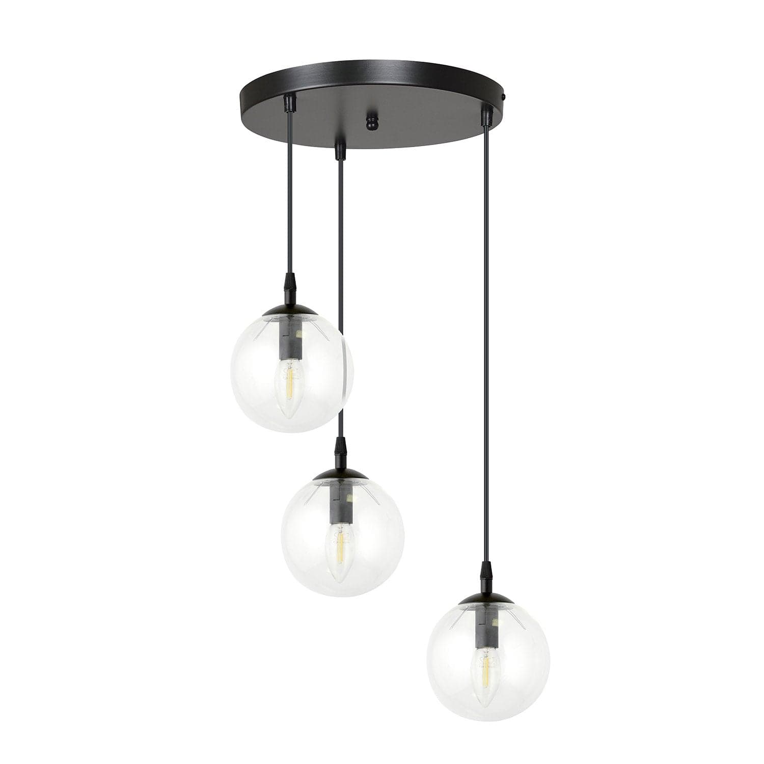 Sospensione 3 Luci Cosmo In Acciaio Nero Base Tonda E Sfere In Vetro Trasparente in Lampade a sospensione LuceArt - Montecorvino Pugliano, commercioVirtuoso.it