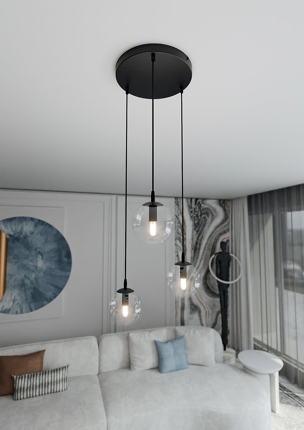 Sospensione 3 Luci Cosmo In Acciaio Nero Base Tonda E Sfere In Vetro Trasparente in Lampade a sospensione LuceArt - Montecorvino Pugliano, commercioVirtuoso.it
