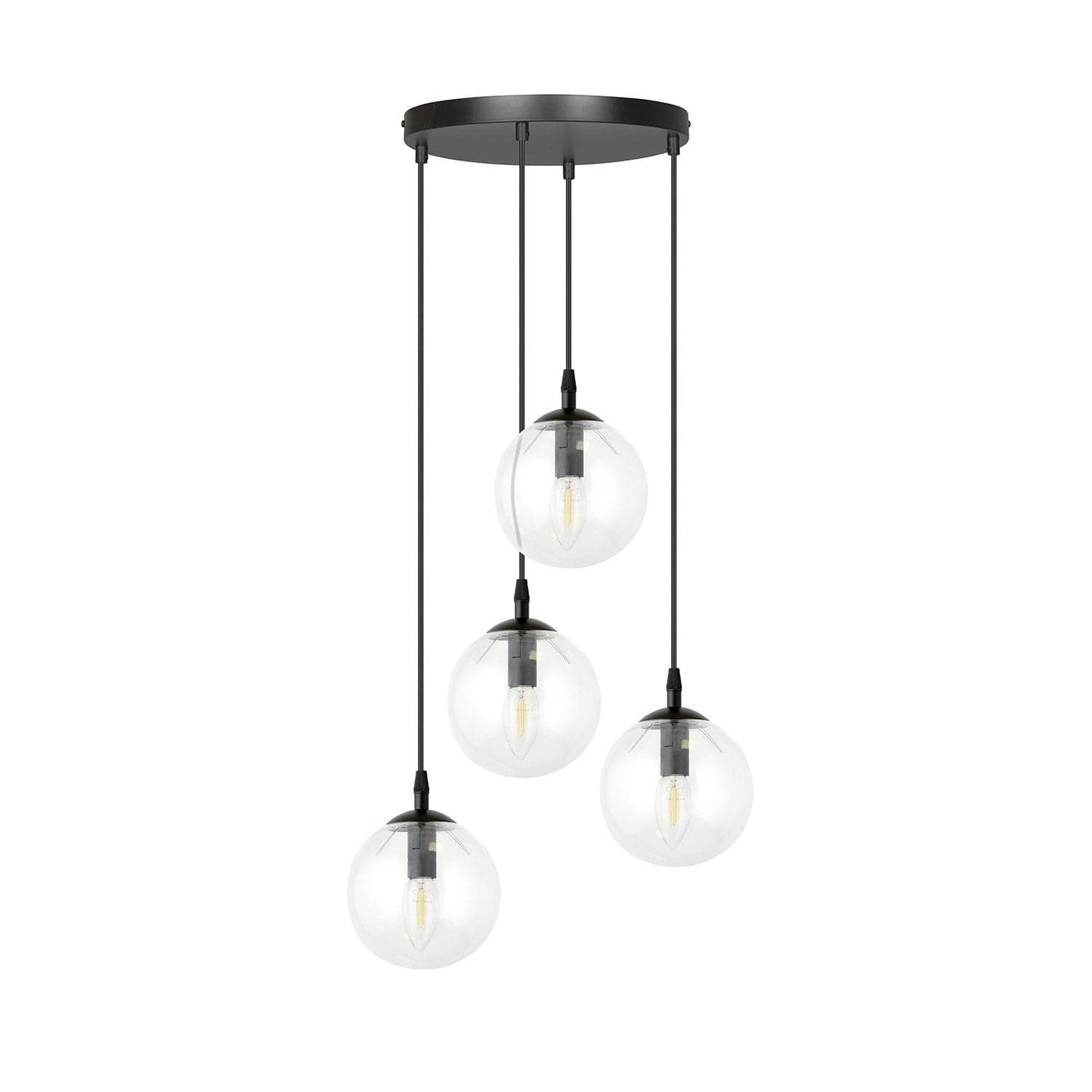 Sospensione 4 Luci Cosmo In Acciaio Nero Base Tonda E Sfere In Vetro Trasparente in Lampade a sospensione LuceArt - Montecorvino Pugliano, commercioVirtuoso.it