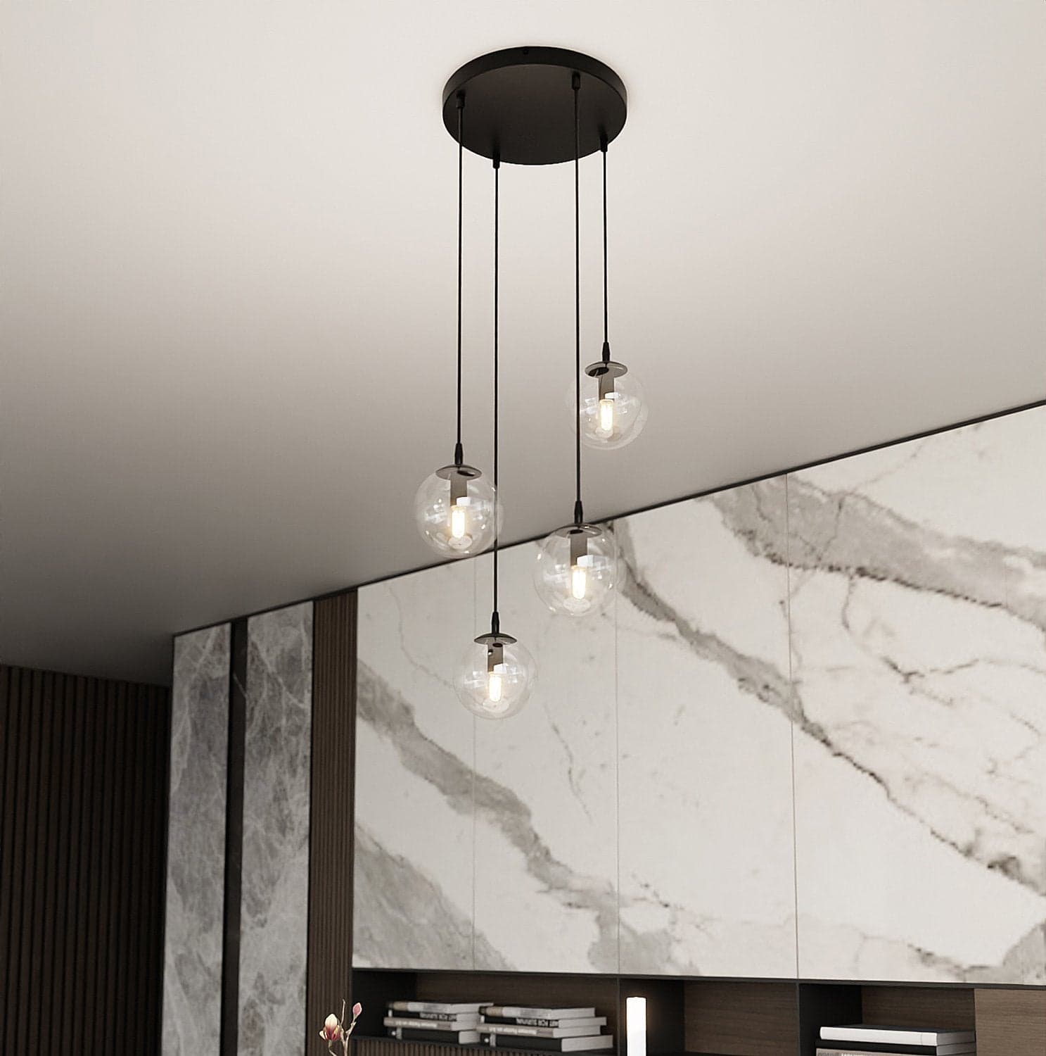 Sospensione 4 Luci Cosmo In Acciaio Nero Base Tonda E Sfere In Vetro Trasparente in Lampade a sospensione LuceArt - Montecorvino Pugliano, commercioVirtuoso.it