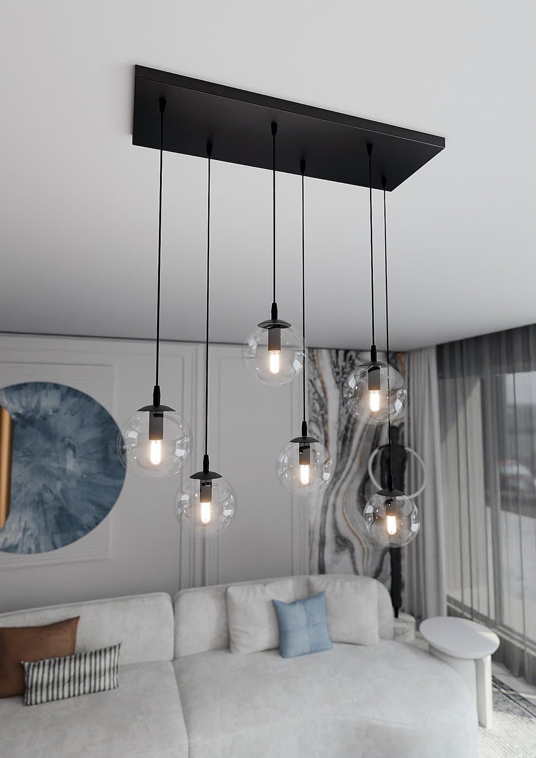Sospensione Moderna 6 Luci Cosmo In Acciaio Nero E Sfere In Vetro Trasparente in Lampade a sospensione LuceArt - Montecorvino Pugliano, commercioVirtuoso.it