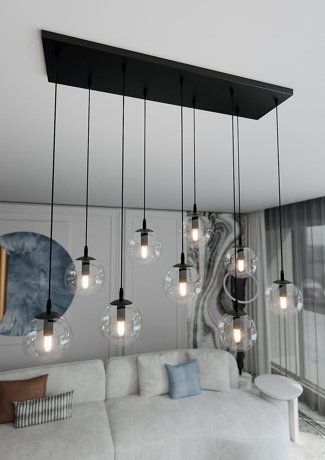 Sospensione Moderna 9 Luci Cosmo In Acciaio Nero E Sfere In Vetro Trasparente in Lampade a sospensione LuceArt - Montecorvino Pugliano, commercioVirtuoso.it