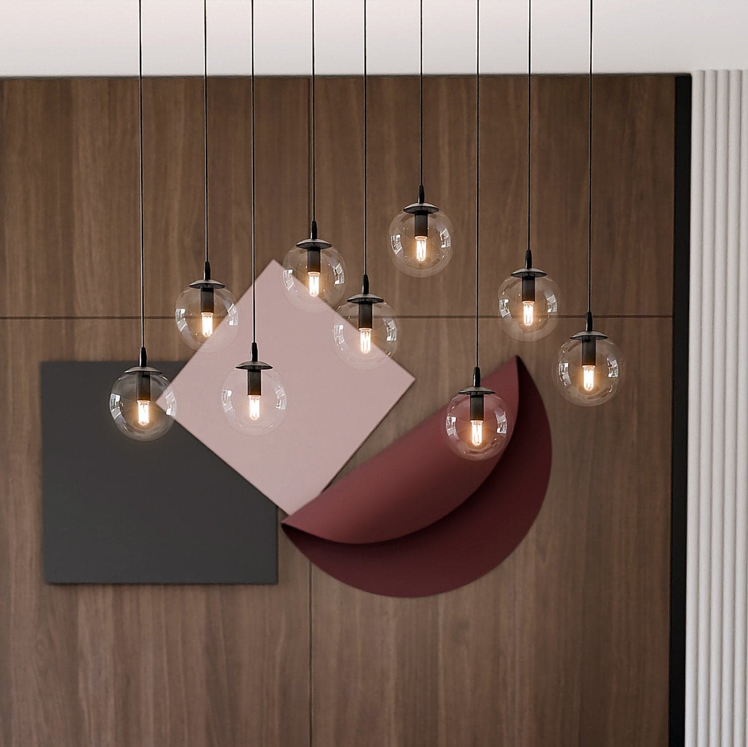 Sospensione Moderna 9 Luci Cosmo In Acciaio Nero E Sfere In Vetro Trasparente in Lampade a sospensione LuceArt - Montecorvino Pugliano, commercioVirtuoso.it