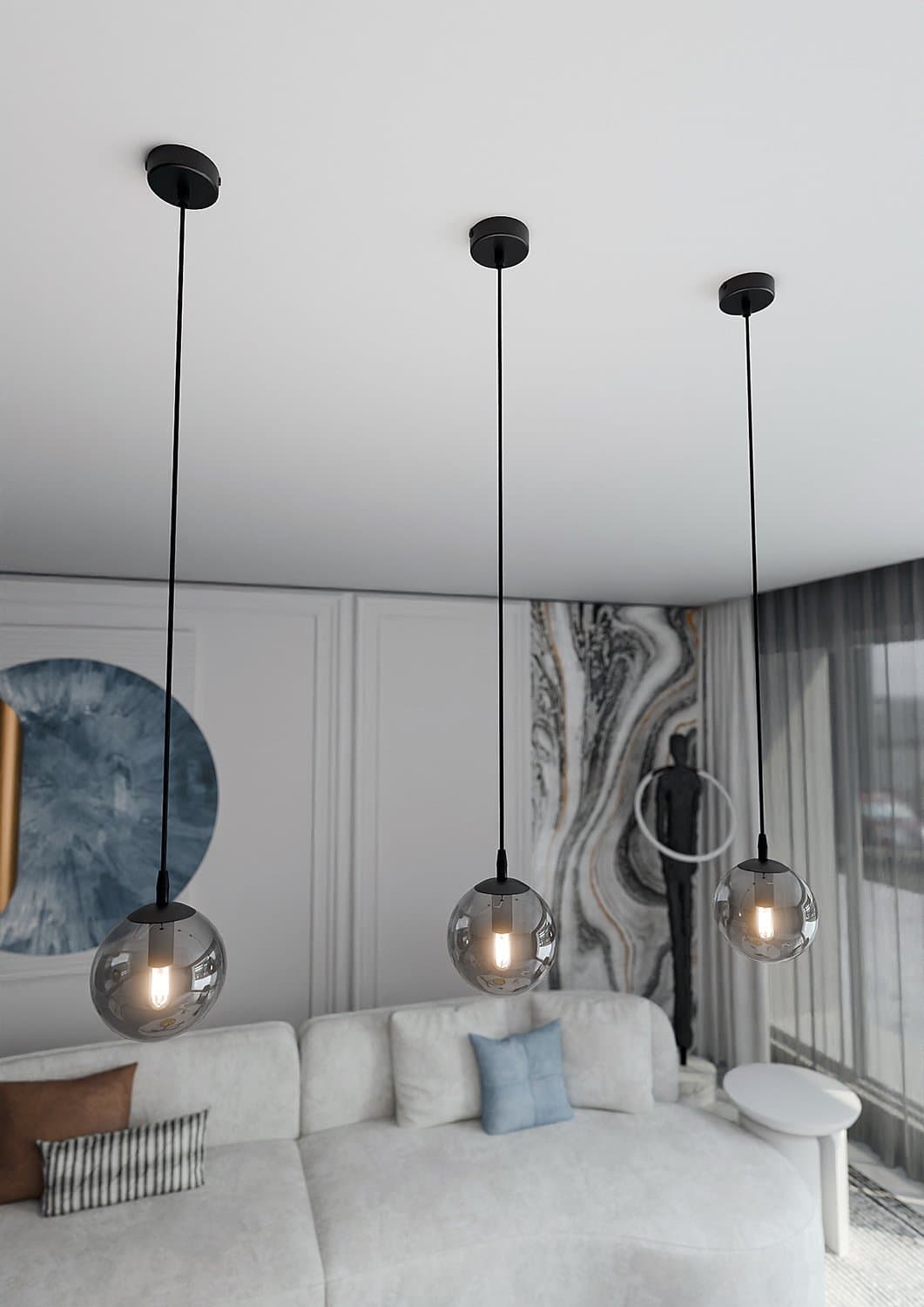 Sospensione Moderna 1 Luce Cosmo In Acciaio Nero E Sfera In Vetro Fumè in Lampade a sospensione LuceArt - Montecorvino Pugliano, commercioVirtuoso.it