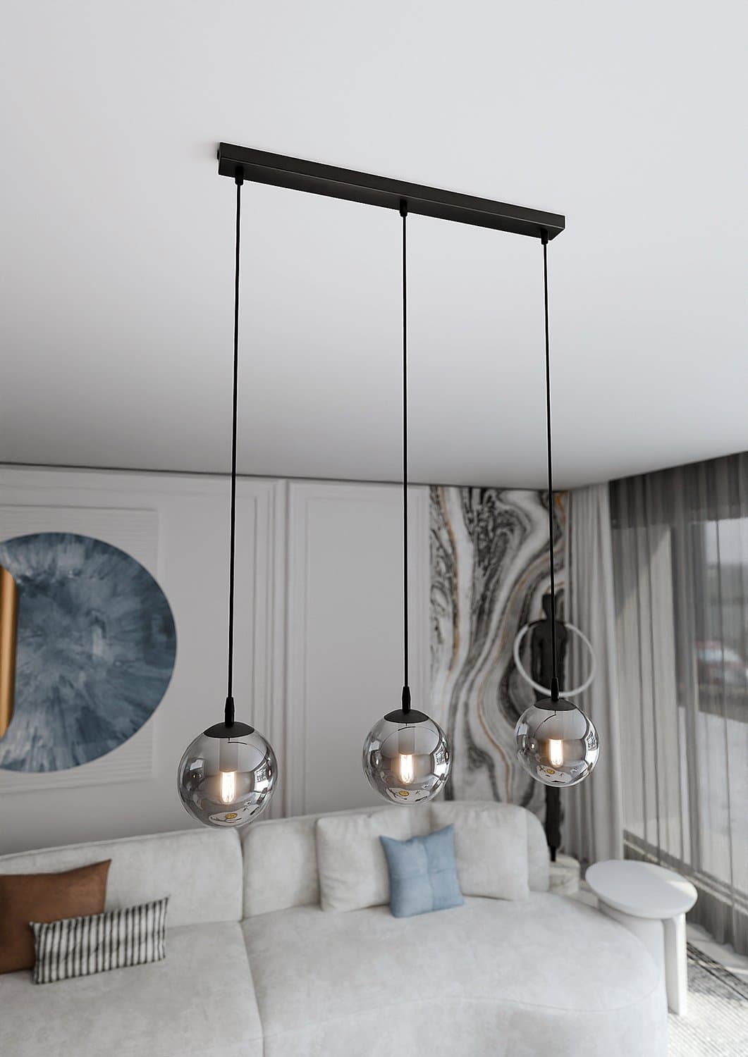 Sospensione Moderna 3 Luci Cosmo In Acciaio Nero E Sfere In Vetro Fumè in Lampade a sospensione LuceArt - Montecorvino Pugliano, commercioVirtuoso.it