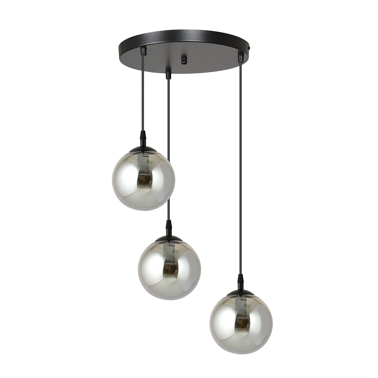 Sospensione 3 Luci Cosmo In Acciaio Nero Base Tonda E Sfere In Vetro Fumè in Lampade a sospensione LuceArt - Montecorvino Pugliano, commercioVirtuoso.it