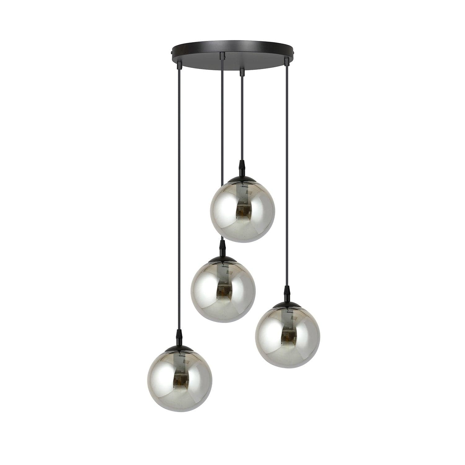 Sospensione 4 Luci Cosmo In Acciaio Nero Base Tonda E Sfere In Vetro Fumè in Lampade a sospensione LuceArt - Montecorvino Pugliano, commercioVirtuoso.it