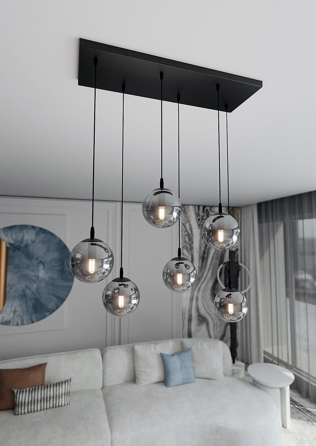 Sospensione Moderna 6 Luci Cosmo In Acciaio Nero E Sfere In Vetro Fumè in Lampade a sospensione LuceArt - Montecorvino Pugliano, commercioVirtuoso.it