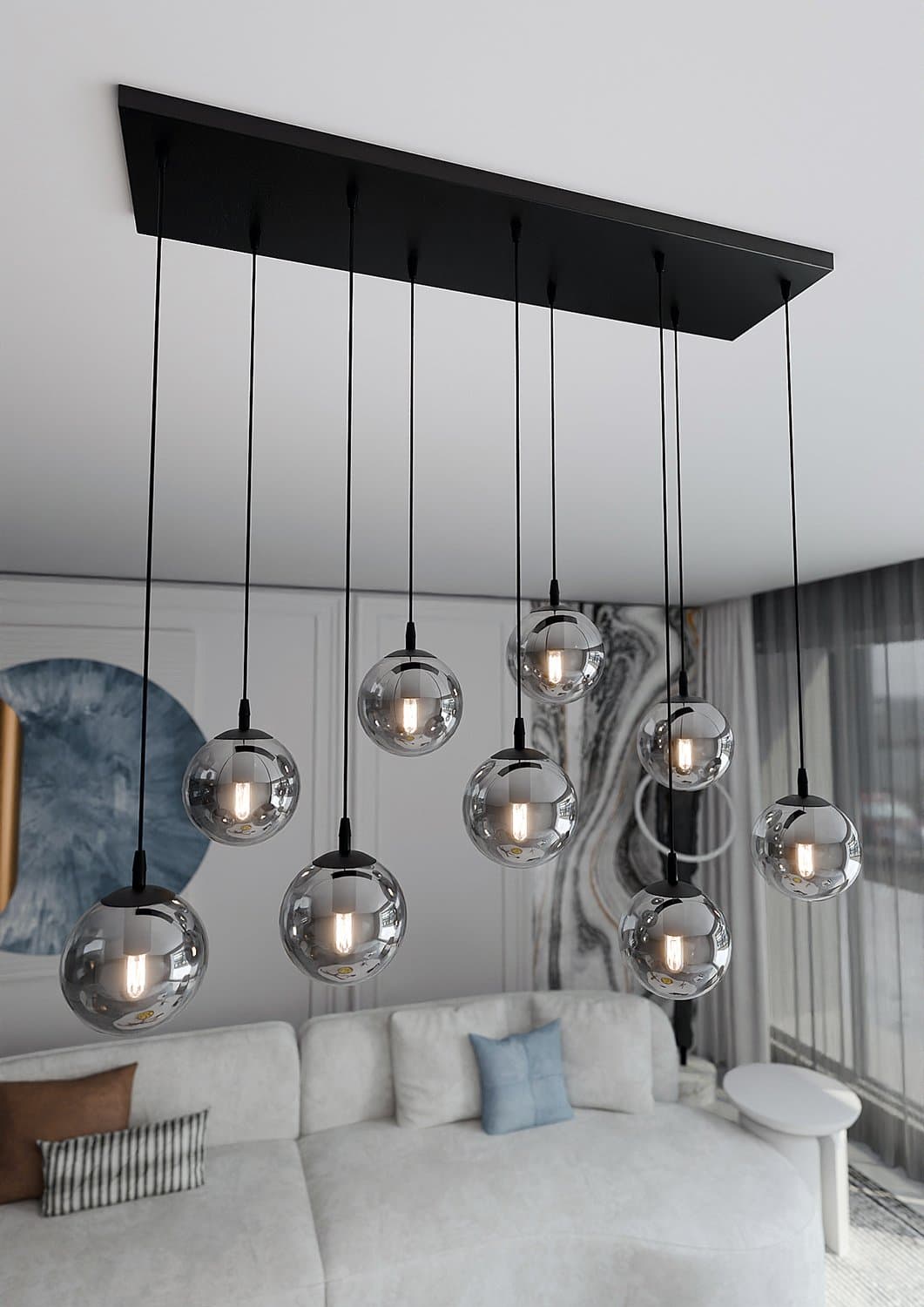 Sospensione Moderna 9 Luci Cosmo In Acciaio Nero E Sfere In Vetro Fumè in Lampade a sospensione LuceArt - Montecorvino Pugliano, commercioVirtuoso.it