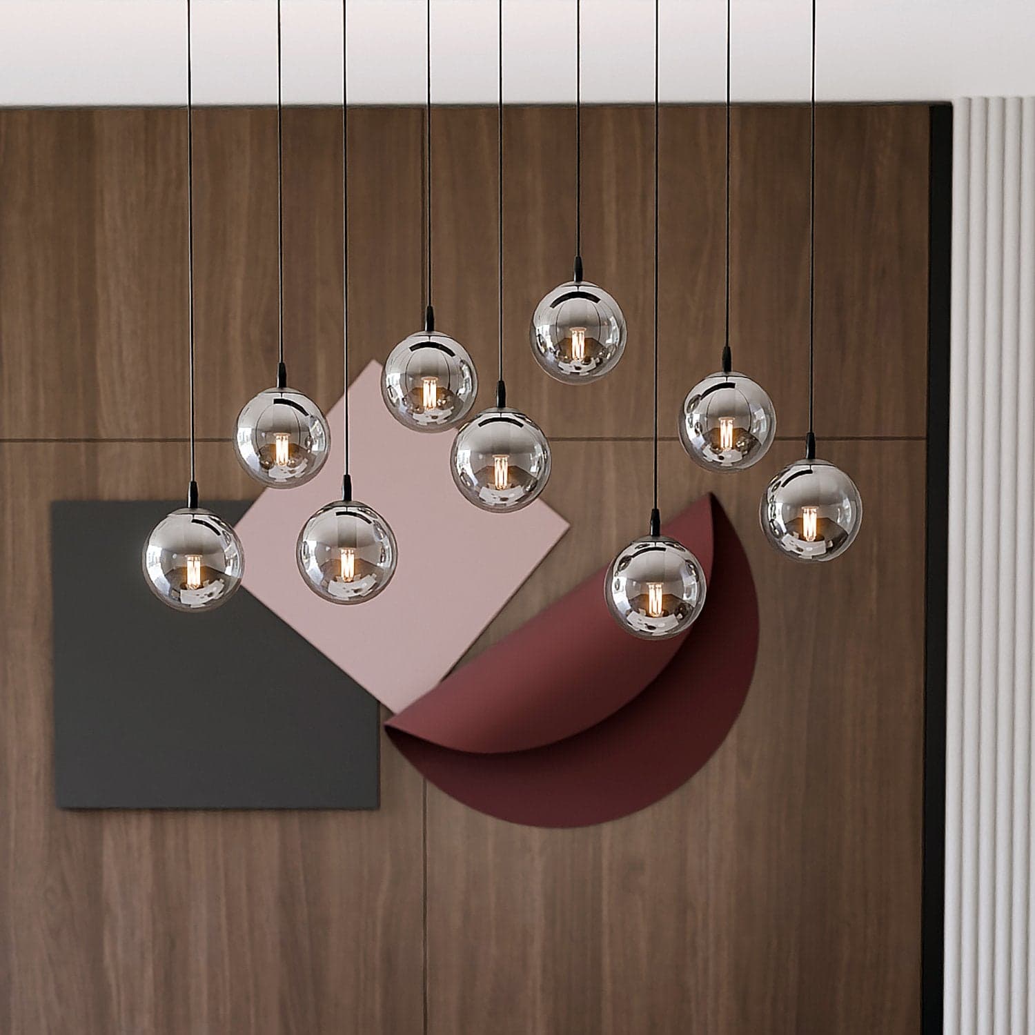 Sospensione Moderna 9 Luci Cosmo In Acciaio Nero E Sfere In Vetro Fumè in Lampade a sospensione LuceArt - Montecorvino Pugliano, commercioVirtuoso.it