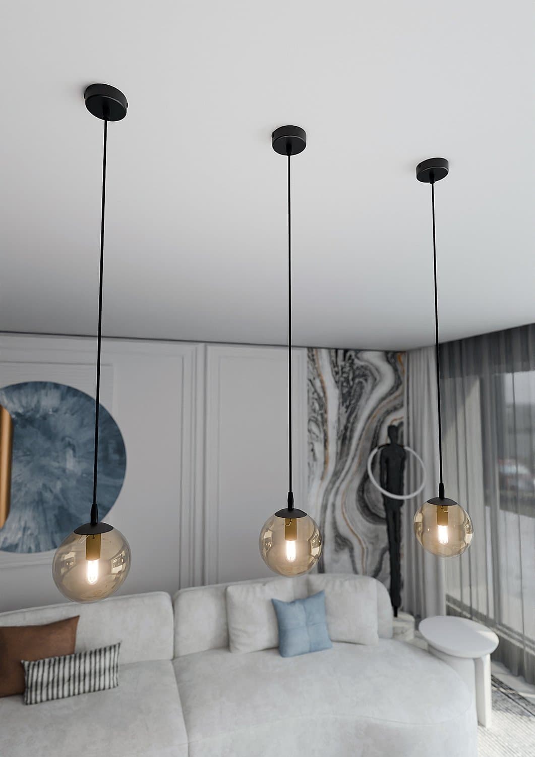 Sospensione Moderna 1 Luce Cosmo In Acciaio Nero E Sfera In Vetro Ambra in Lampade a sospensione LuceArt - Montecorvino Pugliano, commercioVirtuoso.it
