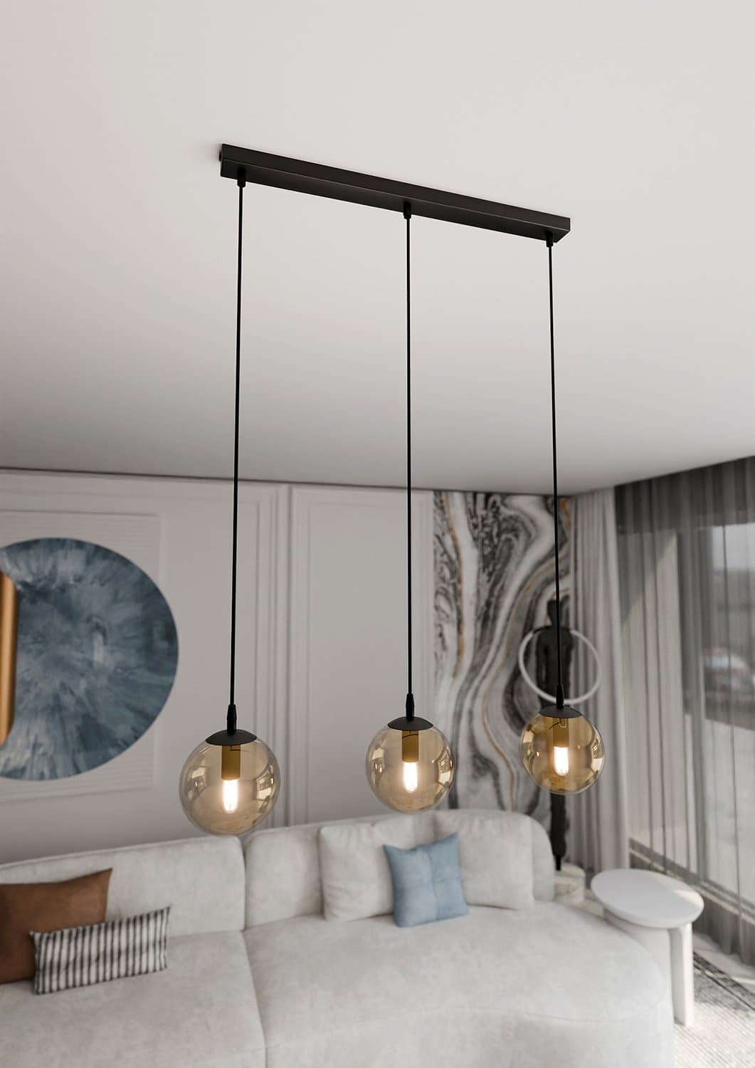 Sospensione Moderna 3 Luci Cosmo In Acciaio Nero E Sfere In Vetro Ambra in Lampade a sospensione LuceArt - Montecorvino Pugliano, commercioVirtuoso.it