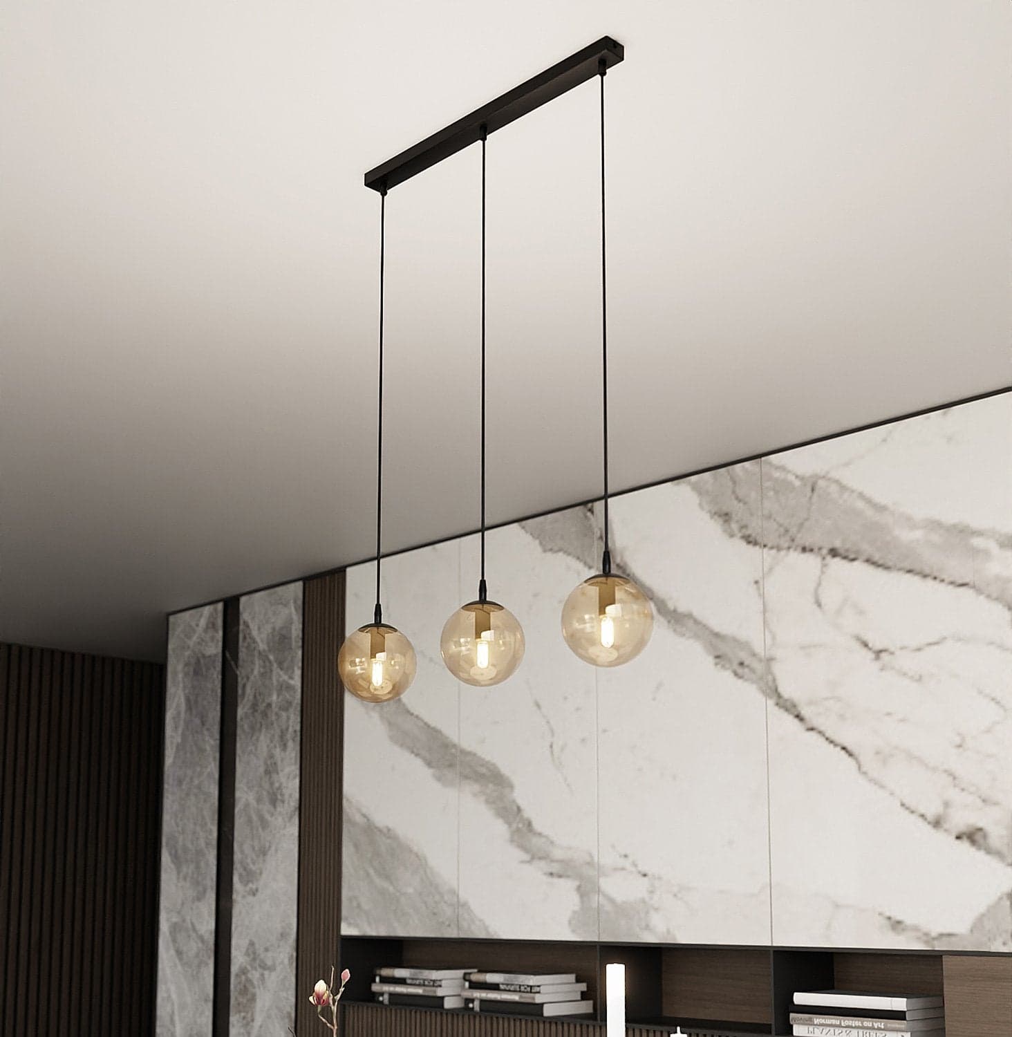Sospensione Moderna 3 Luci Cosmo In Acciaio Nero E Sfere In Vetro Ambra in Lampade a sospensione LuceArt - Montecorvino Pugliano, commercioVirtuoso.it