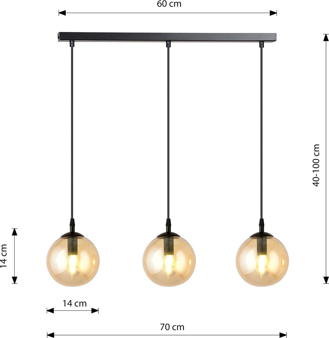 Sospensione Moderna 3 Luci Cosmo In Acciaio Nero E Sfere In Vetro Ambra in Lampade a sospensione LuceArt - Montecorvino Pugliano, commercioVirtuoso.it