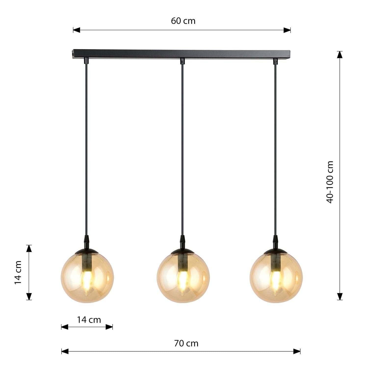 Sospensione Moderna 3 Luci Cosmo In Acciaio Nero E Sfere In Vetro Ambra in Lampade a sospensione LuceArt - Montecorvino Pugliano, commercioVirtuoso.it