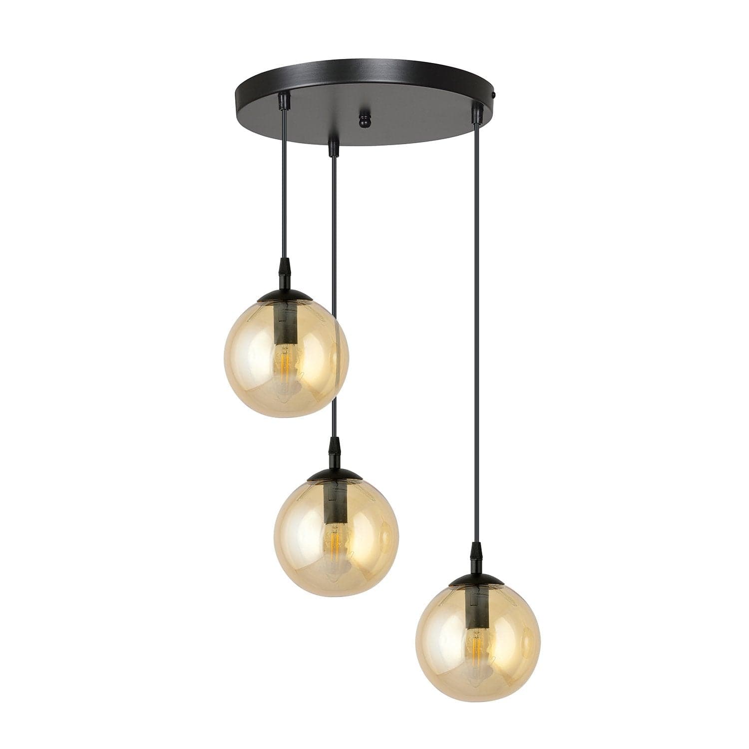 Sospensione 3 Luci Cosmo In Acciaio Nero Base Tonda E Sfere In Vetro Ambra in Lampade a sospensione LuceArt - Montecorvino Pugliano, commercioVirtuoso.it