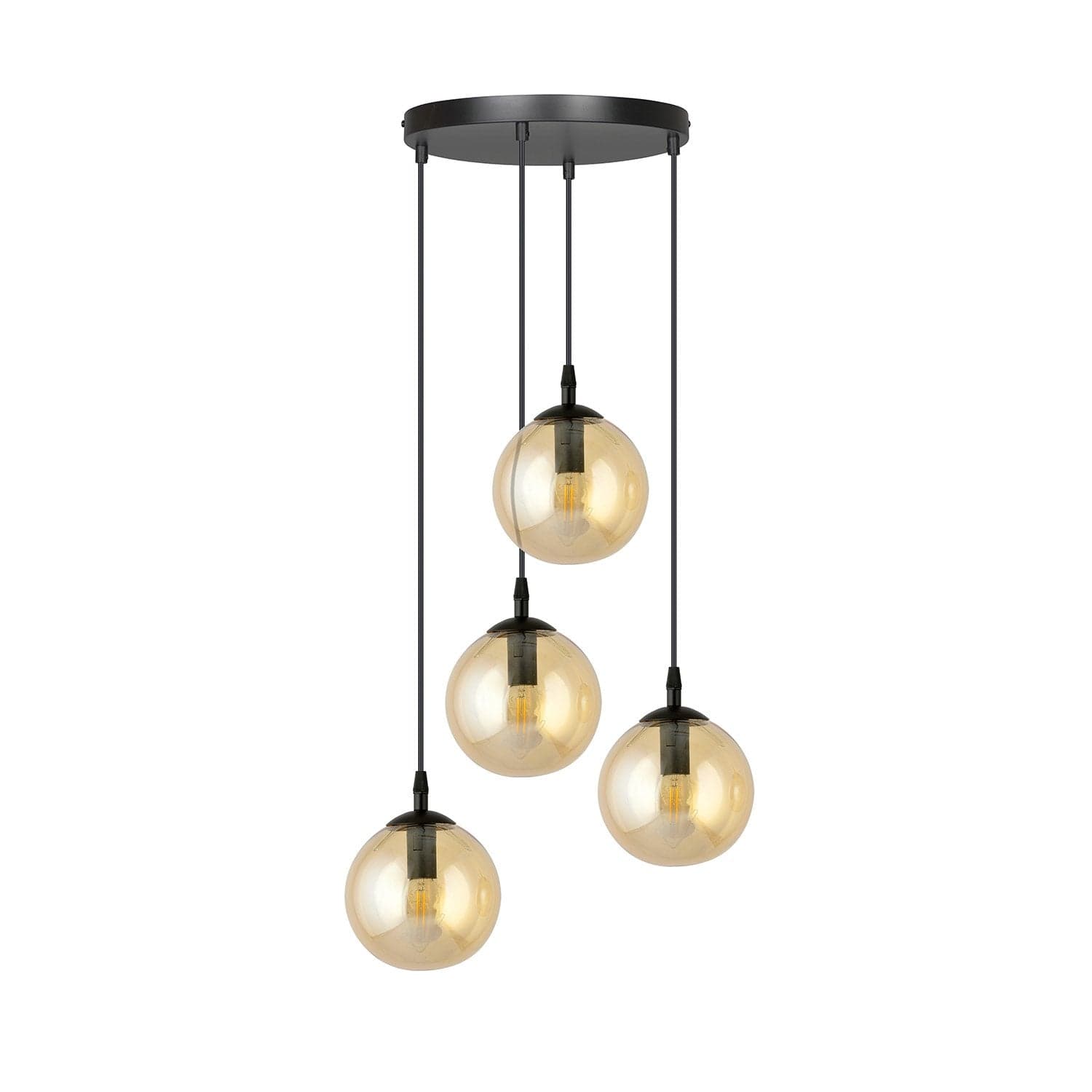 Sospensione 4 Luci Cosmo In Acciaio Nero Base Tonda E Sfere In Vetro Ambra in Lampade a sospensione LuceArt - Montecorvino Pugliano, commercioVirtuoso.it