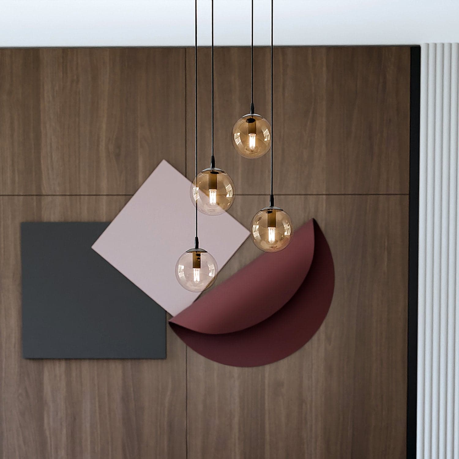 Sospensione 4 Luci Cosmo In Acciaio Nero Base Tonda E Sfere In Vetro Ambra in Lampade a sospensione LuceArt - Montecorvino Pugliano, commercioVirtuoso.it