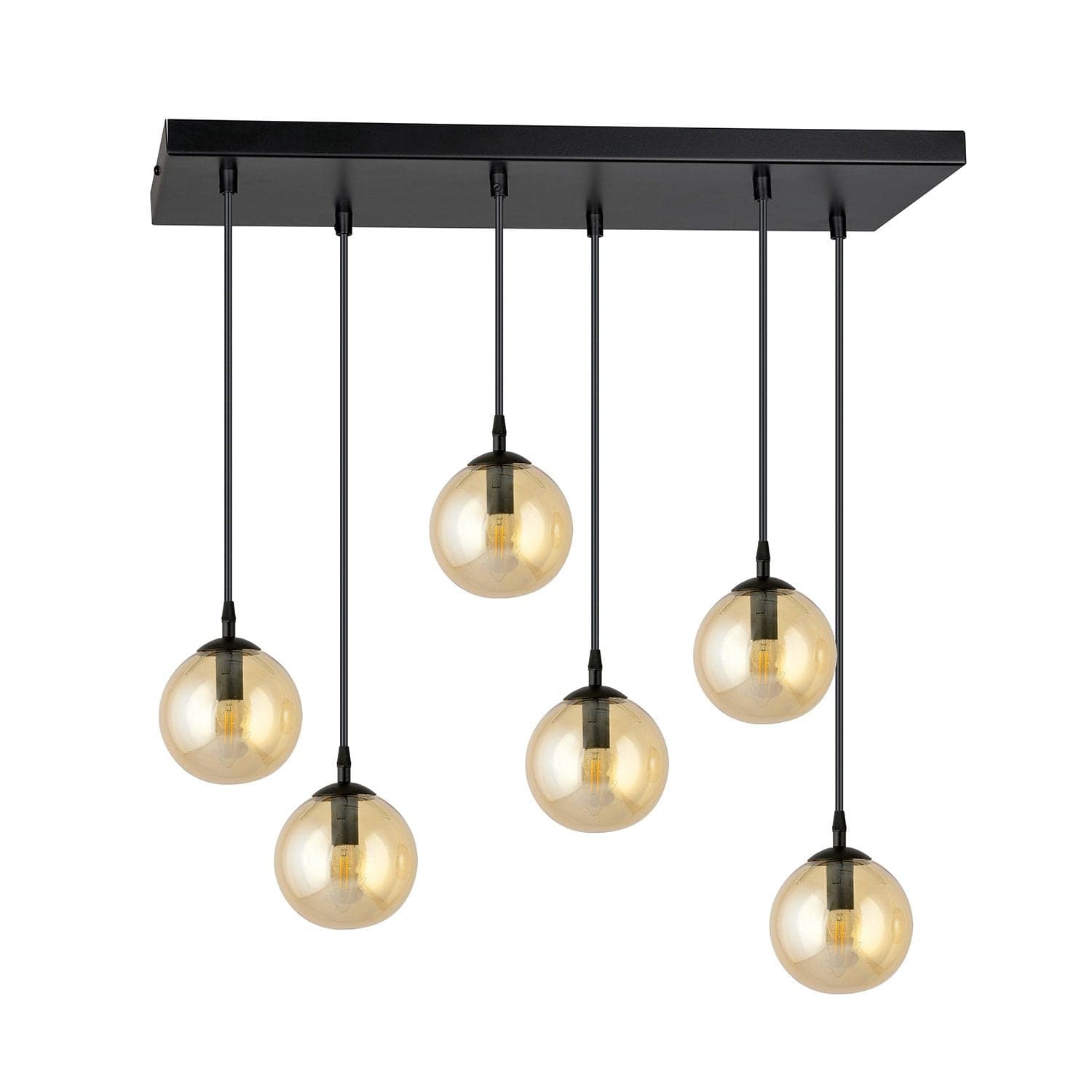 Sospensione Moderna 6 Luci Cosmo In Acciaio Nero E Sfere In Vetro Ambra in Lampade a sospensione LuceArt - Montecorvino Pugliano, commercioVirtuoso.it