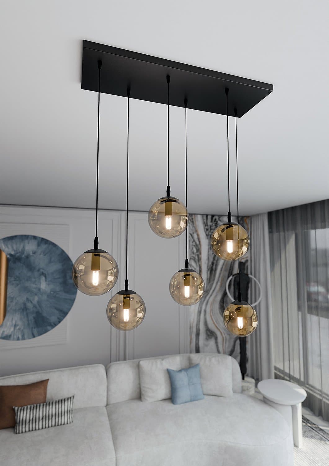 Sospensione Moderna 6 Luci Cosmo In Acciaio Nero E Sfere In Vetro Ambra in Lampade a sospensione LuceArt - Montecorvino Pugliano, commercioVirtuoso.it