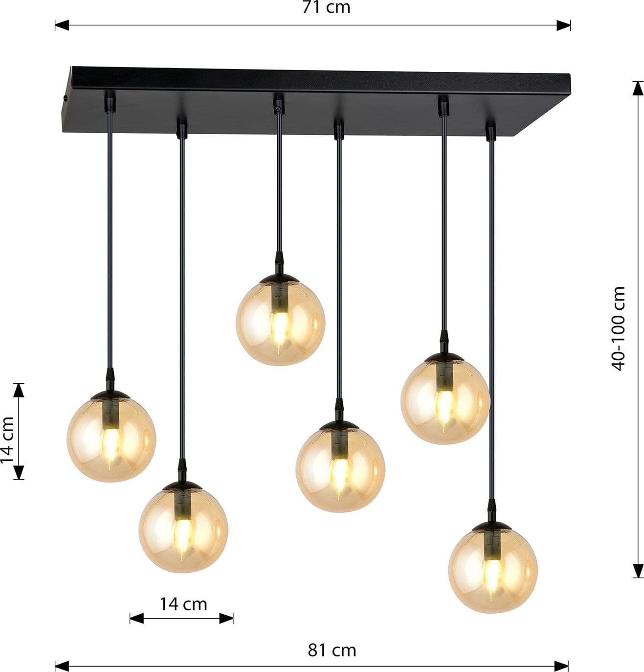 Sospensione Moderna 6 Luci Cosmo In Acciaio Nero E Sfere In Vetro Ambra in Lampade a sospensione LuceArt - Montecorvino Pugliano, commercioVirtuoso.it