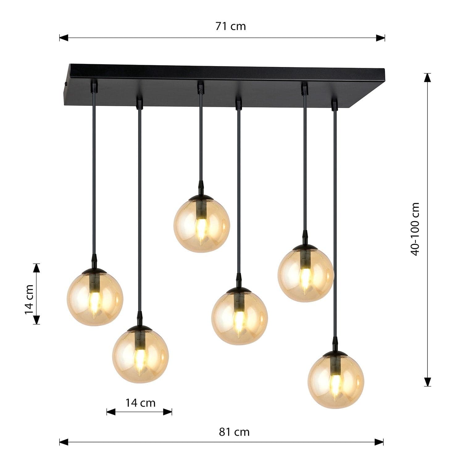 Sospensione Moderna 6 Luci Cosmo In Acciaio Nero E Sfere In Vetro Ambra in Lampade a sospensione LuceArt - Montecorvino Pugliano, commercioVirtuoso.it