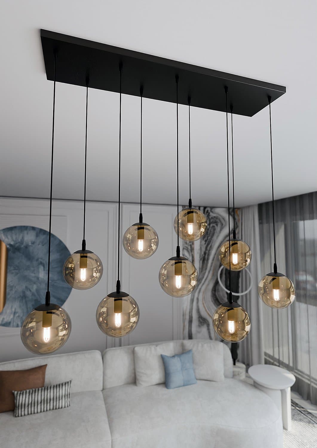 Sospensione Moderna 9 Luci Cosmo In Acciaio Nero E Sfere In Vetro Ambra in Lampade a sospensione LuceArt - Montecorvino Pugliano, commercioVirtuoso.it