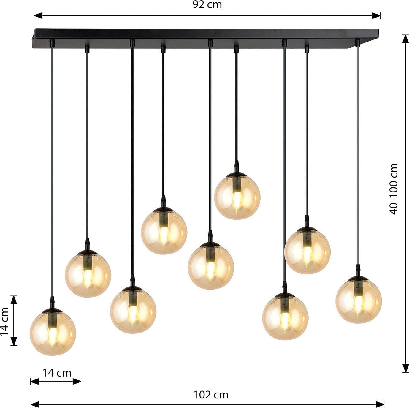 Sospensione Moderna 9 Luci Cosmo In Acciaio Nero E Sfere In Vetro Ambra in Lampade a sospensione LuceArt - Montecorvino Pugliano, commercioVirtuoso.it