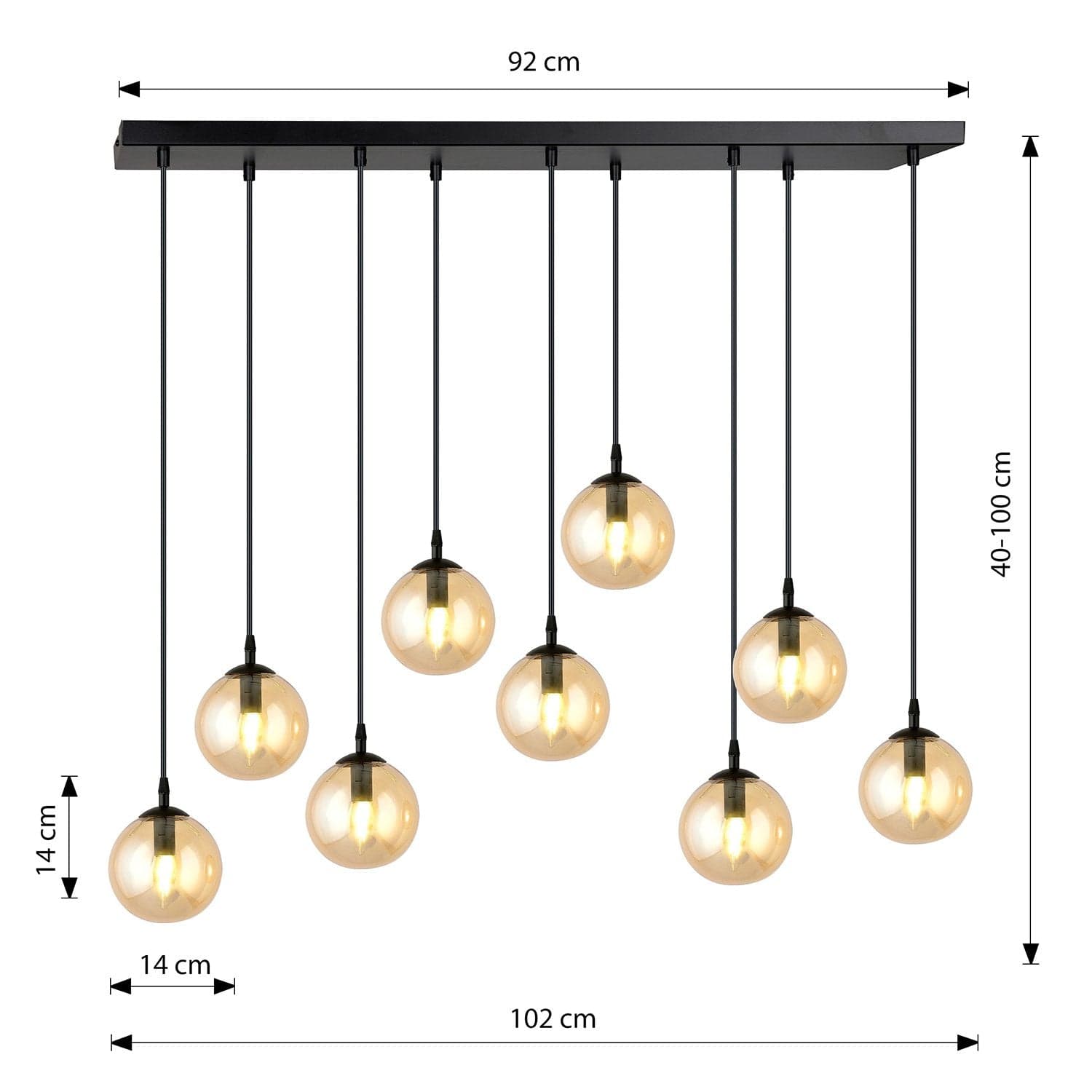Sospensione Moderna 9 Luci Cosmo In Acciaio Nero E Sfere In Vetro Ambra in Lampade a sospensione LuceArt - Montecorvino Pugliano, commercioVirtuoso.it