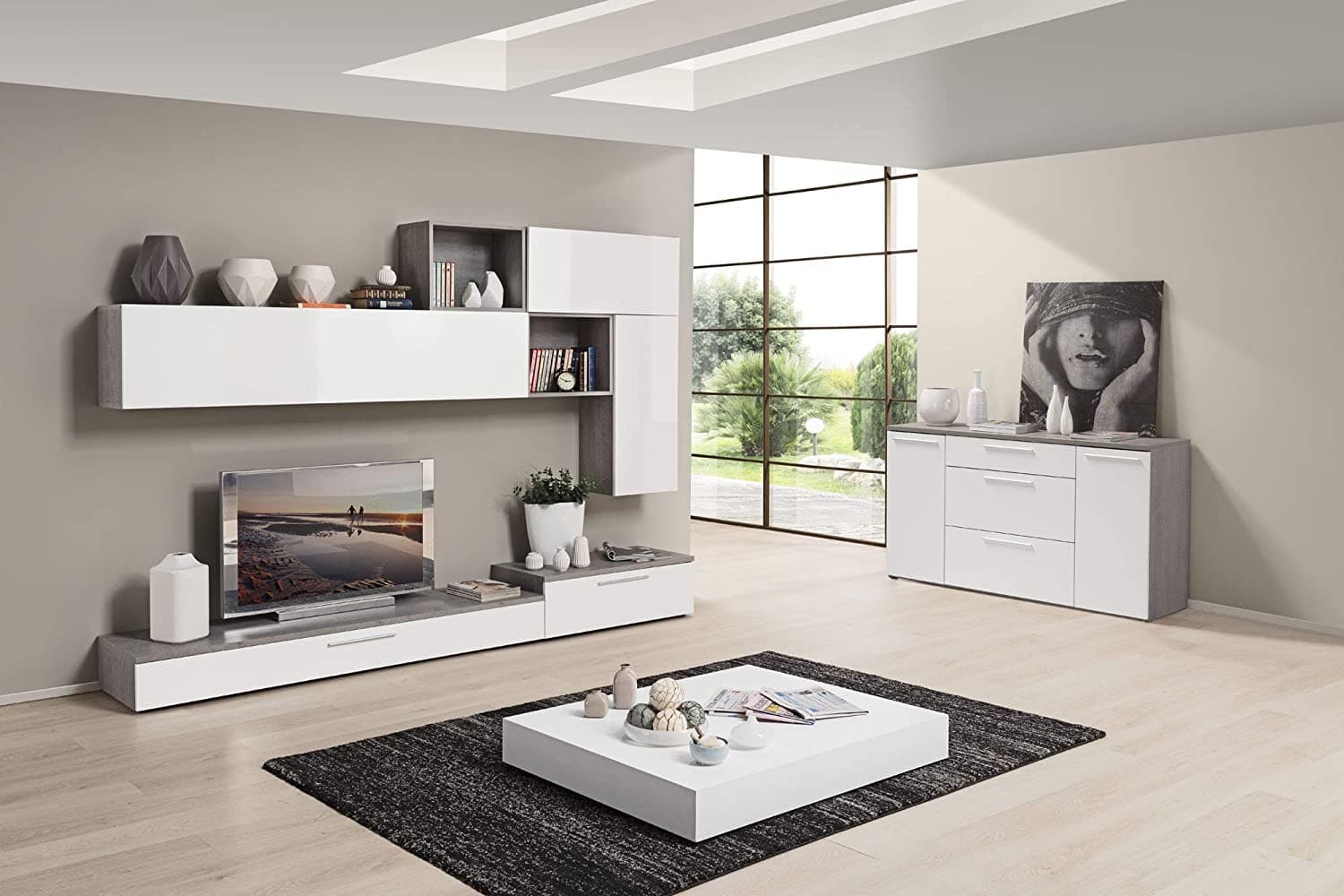Parete attrezzata per soggiorno porta TV con ripiani ed ante Bianco e Cemento 270 cm in Pareti attrezzate Decor Space - Altamura, commercioVirtuoso.it