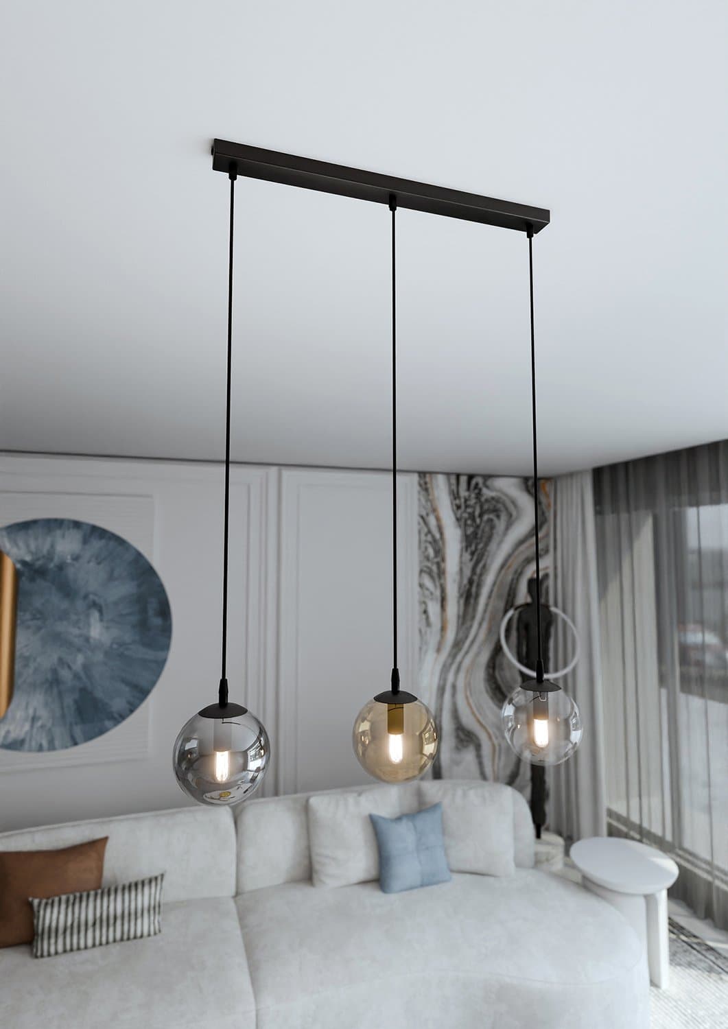 Sospensione Moderna 3 Luci Cosmo In Acciaio Nero E Sfere In Vetro Multicolor in Lampade a sospensione LuceArt - Montecorvino Pugliano, commercioVirtuoso.it